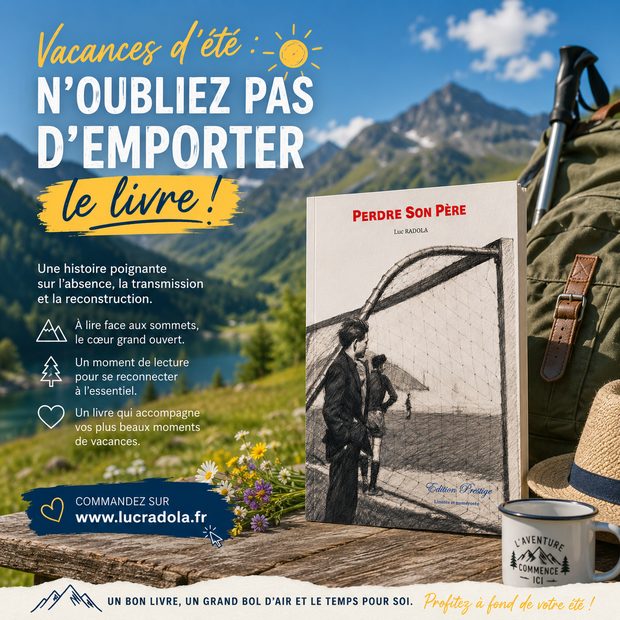 Le livre face à un lac de montagne, avec sac à dos et fleurs des champs